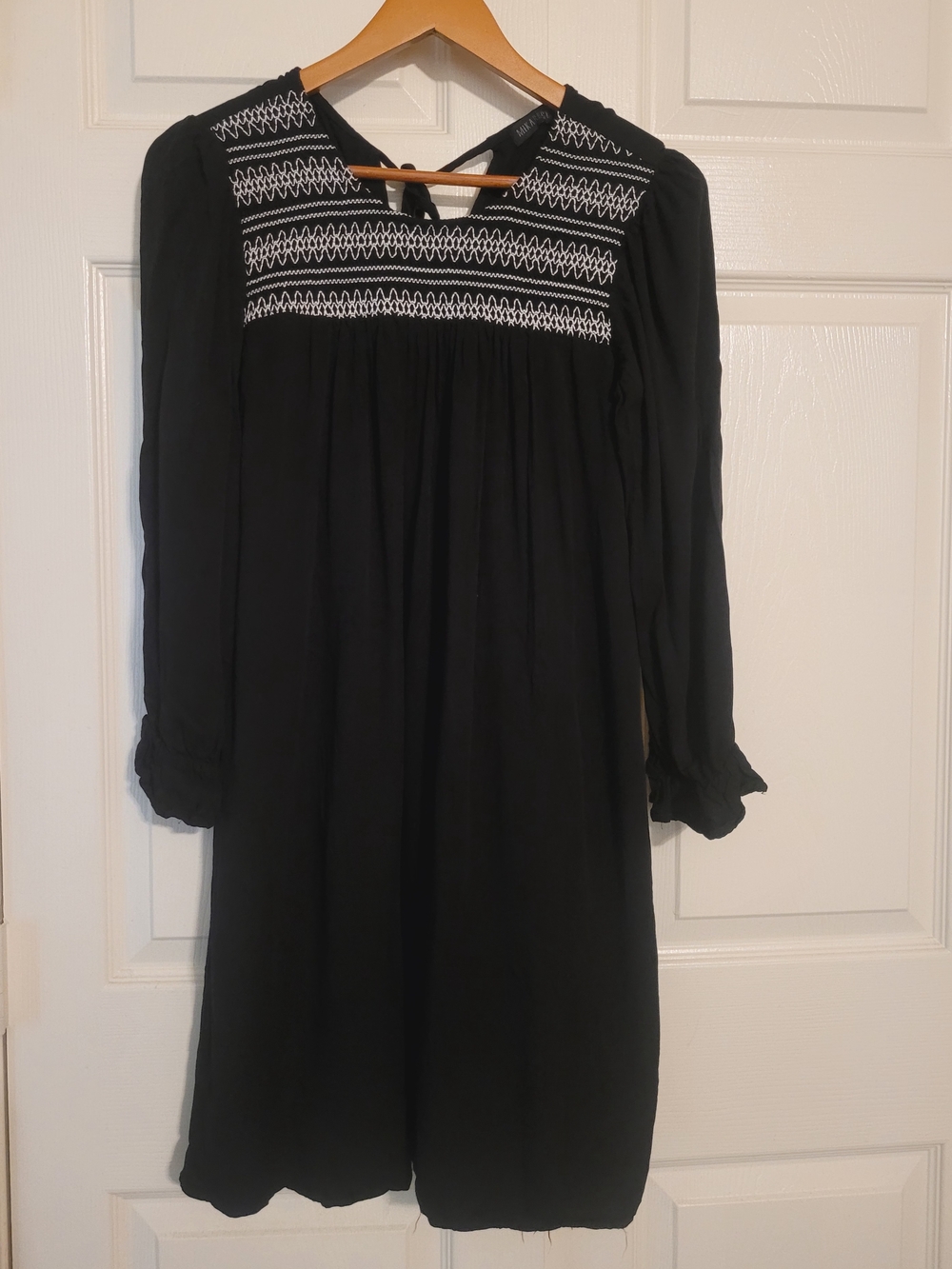 Mikarose Black Long-Sleeve Smocked Yoke Dress with White Stitching